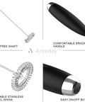 Close-up of handheld electric milk frother wand features: EBA free shaft, ergonomic handle, stainless steel whisk, battery operation.