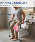 Solid Heavy Duty Toilet Safety Rails For Seniors Adjustable Height And Width 350 Pounds Rust Resistant Aluminum Bathroom Support Frame assisting a man.