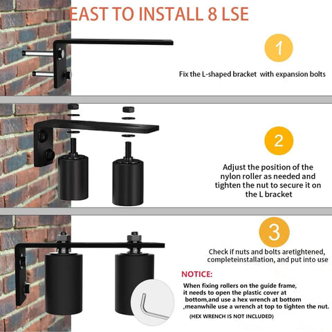 Installation guide for 2-Inch Gate Roller Guide With L-Bracket, showing steps with beefed-up steel bracket and nylon rollers.