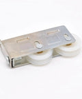 Smooth Operator Double And Single Wheel Sliding Door Pulley Rollers For Vinyl And Aluminum Track Slick Glide Heavy Duty Replacement Parts Four Pack, silver metal and white plastic design.