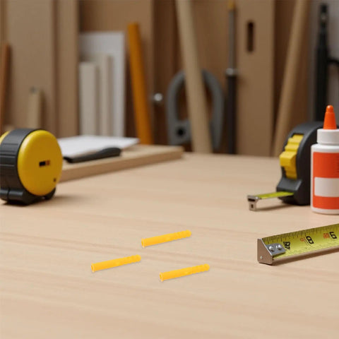 200 Pack Yellow Plastic Wall Anchors Kit Self Drilling Ribbed Anchors on a wood table with tools in the background