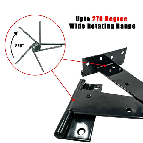 Heavy Duty T Hinge T Strap Gate Barn Fence Door Rustproof Black Metal Hinges With Counterbore M4 Screws 4 Pack 6 Inch showing 270 degree rotating range.