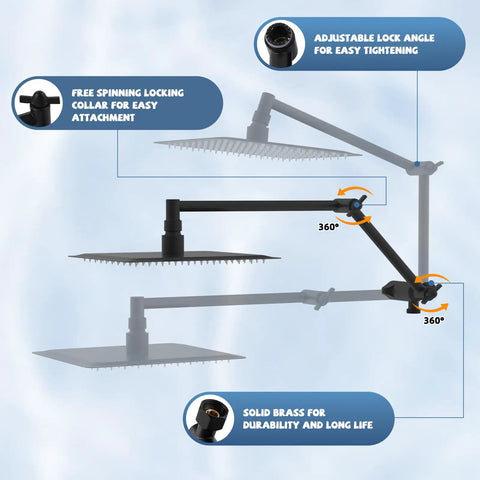 10 Inch Rainfall Filtered Shower Head With Handheld, High Pressure Matte Black Shower System, adjustable extension arm detail