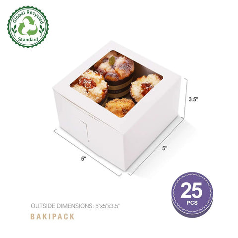 Twenty Five White Bakery Boxes With Clear Window 5x5x3.5 Inch showing cupcakes inside the box.