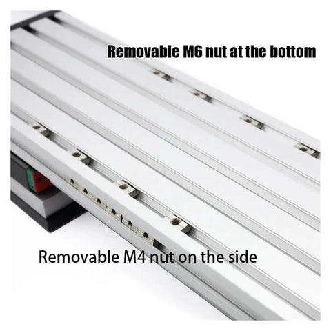 Nema34 Stepper Motor Powered Dual Rail Ball Screw Linear Actuator Slide Table showing M6 nut at bottom and M4 nut on side.