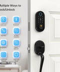 Slick Bluetooth Smart Deadbolt Featuring Quick Fingerprint Access And Touchscreen Keypad Plus Remote App Monitoring For Hassle Free Home Security Setup Black on door with icons for unlocking methods.
