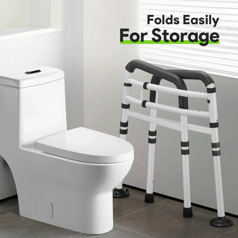 Universal Adjustable Toilet Safety Rail Rock Solid Stand Alone Bathroom Assist Handle height adjustable, folds for storage.
