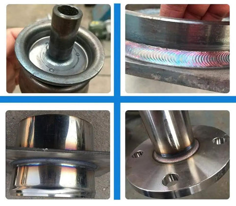 Rock Solid Rotary Welding Positioner Table With 65 Mm Chuck And Zero To Ninety Degree Tilt For Seamless Pipe Flange Welding And Job Site Projects, showing close-ups of welded flanges and pipe connections.