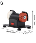 Slick Compact Mini Bench Grinder Featuring Dual Twin Wheels For Rapid Tool Sharpening Heavy Duty Coarse Grinding And Smooth Shop Finishing Built Tough For Small Space Fixes And Daily Garage Hustle, side view with measurements.