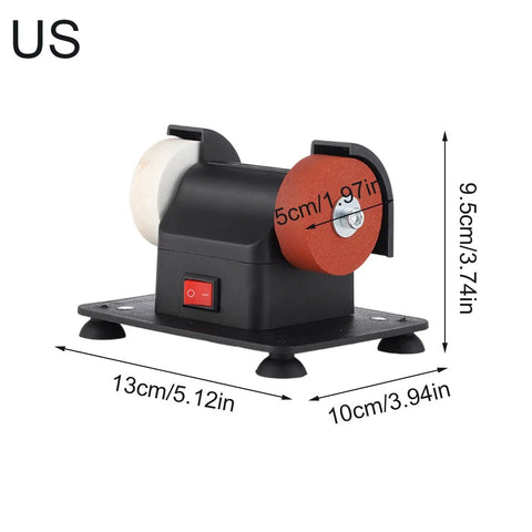 Slick Compact Mini Bench Grinder Featuring Dual Twin Wheels For Rapid Tool Sharpening Heavy Duty Coarse Grinding And Smooth Shop Finishing Built Tough For Small Space Fixes And Daily Garage Hustle, side view with measurements.
