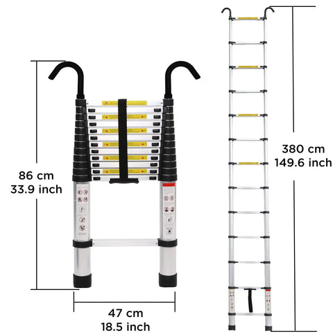 12.5 Foot Aluminum Telescoping Ladder With Non Slip Feet And Stable Hook Portable Extension Ladder For Home And Outdoor Work Heavy Duty 330 Pound Load Capacity Lightweight Compact Design For Easy Storage And Safe Reach, showing dimensions.