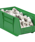 Heavy Duty Plastic Storage Bins Bundle With Secure Hooks, Stackable Industrial Containers, 15X8X7 Inch 12 Pack And 11X11X5 Inch 6 Pack, green bin filled with bottles for storage.