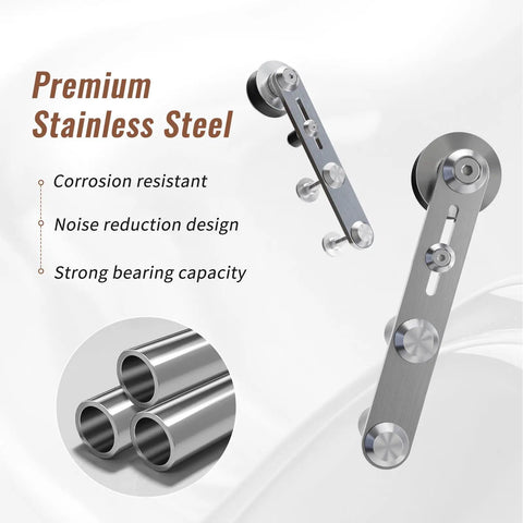 Premium stainless steel parts of Rock Solid 5Ft Stainless Steel Sliding Barn Door Hardware Kit, showcasing durability and design.