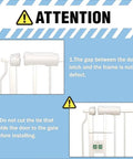 Installation instructions for Extra Wide Pressure Mount Baby Gate With Auto Close And Hold Open, emphasizing latch gap and tie placement.