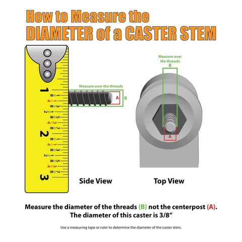 How to measure the diameter of a caster stem, showing side and top views, with ruler for clarity.