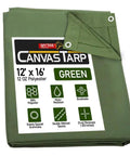 Olive Green 12x16 Tarp, 12 Oz Polyester Heavy Duty, Water Resistant And Breathable, displayed with specifications and features label