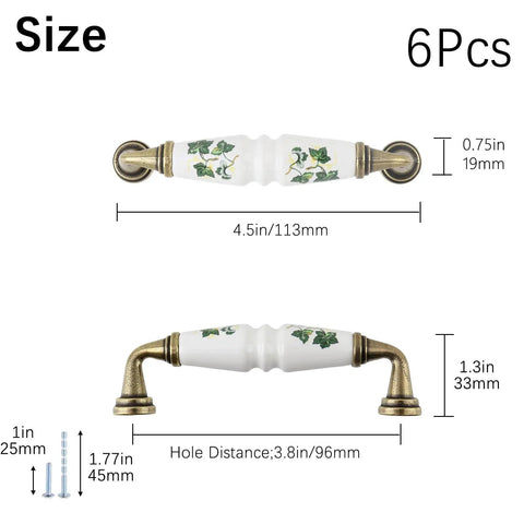 Fresh Vintage Ceramic Door Knobs And Tight Antique Bronze Drawer Pulls For Kitchen And Dresser Grab Handle With Green Flower Print Design, Size 4.5in, 6 Pcs