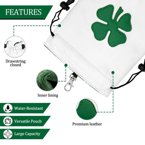 Features of Leather Golf Valuables Pouch With Drawstrings, Tee Pouch For Golfers, showcasing premium PU leather and design details.