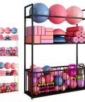No Sweat Heavy Duty Metal Yoga Mat Storage Rack And Commercial Floor Standing Gym Organizer Shelf with exercise gear.