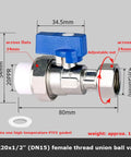 Rock Solid Brass PPR Union Ball Valve One Half Inch By Twenty Millimeter To Three Quarter Twenty Five Millimeter Pipe Coupler with blue handle and dimensions.