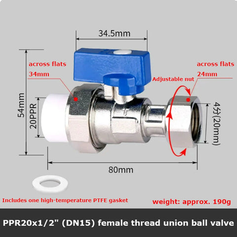 Rock Solid Brass PPR Union Ball Valve One Half Inch By Twenty Millimeter To Three Quarter Twenty Five Millimeter Pipe Coupler with blue handle and dimensions.