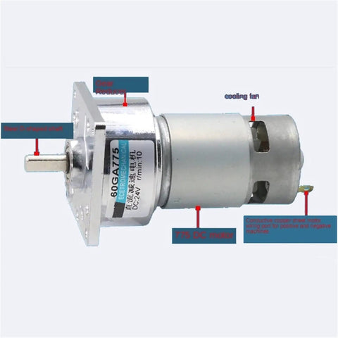 Top Shelf 775 Dc Gear Motor 24 Volt 35 Watt 400 Rpm, showing front view with gear reduction and cooling fan.