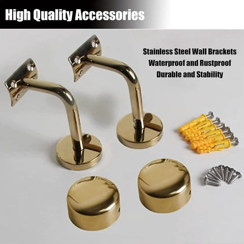 Stainless steel wall brackets for Straight Up Heavy Duty Clear Acrylic Stair Handrail with Solid Gold Wall Mount Brackets.