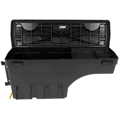 Top Shelf Swing Storage Toolbox For Dodge Ram 1500 2500 3500 Left Side Bolt On Manual Fold Black ABS Plastic open view