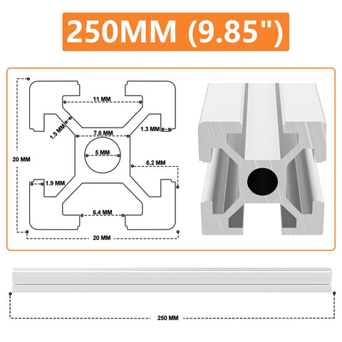 Pro Level 2020 Aluminum Extrusion White T Slot Linear Rail Kit Anodized Finish Solid Frame 250MM dimensions diagram with details.