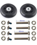 Freshen Your Gear With This Premium 2-Piece Luggage Wheel Replacement Kit Featuring Heavy Duty Inline Roller Design showing two black 90x24mm wheels and hardware.
