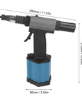 Pro Grade Heavy Duty Pneumatic Riveter Kit With Air Hydraulic Rivet Nut Tool For M3 To M8 Fasteners shown from the side with dimensions.