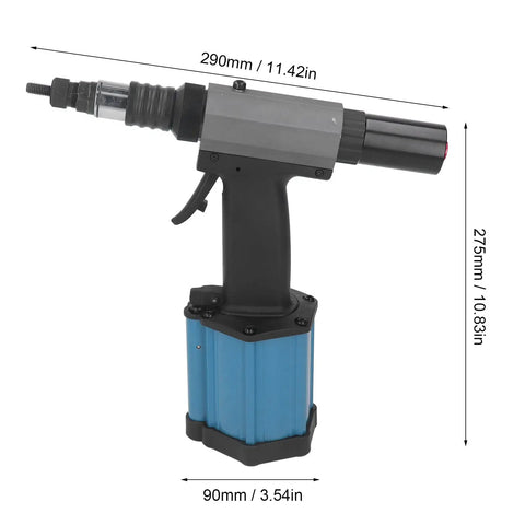 Pro Grade Heavy Duty Pneumatic Riveter Kit With Air Hydraulic Rivet Nut Tool For M3 To M8 Fasteners shown from the side with dimensions.