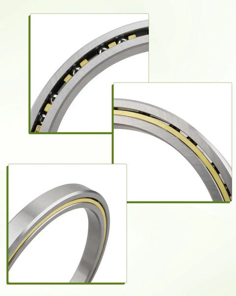 Heavy Duty Thin Section Roller Bearing Drop Right In Straight Swap Compatible With KD045XP0 RD045XP0 4.5 X 5.5 X 0.5 Inch close-up view of silver steel bearing