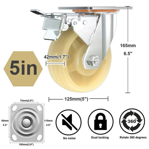 4 Pack Heavy Duty 125 Millimeter Swivel Casters With Brakes And Dual Locking Wheels, 5in wheel diameter, 360-degree rotation.