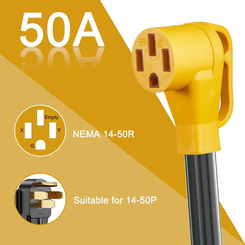 25 Foot Plug And Play Electric Vehicle Charger Adapter Nema 10 30p To Four Prong 14 50r Female Power Extender Cord close-up showing NEMA 14-50R plug.