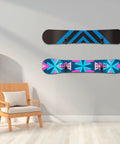 Four Pack Horizontal Snowboard Wall Mount Hanger Rack With Rust Proof Bombproof Brackets Heavy Duty Secure Storage Display Stand For Your Sick Winter Gear featuring two mounted snowboards on a wall.