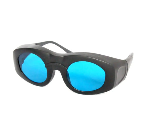 Pro Grade Od6 Plus Infrared Laser Safety Glasses And Goggles with dark frames and blue lenses for strong eye protection.