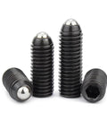 Heavy Duty Spring Ball Plungers And Hex Socket Set Screws, Grade 12.9 Alloy Steel Grub Fasteners showing black screws with ball tops.