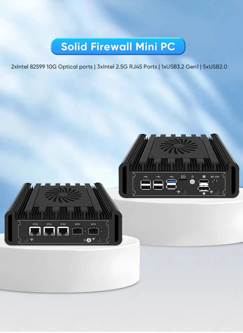 Intel N300 Mini Pc Firewall Server Featuring Dual 10GbE Sfp Plus And Triple 2.5GbE Lan Ports Home Lab Legend Built Different For Rock Solid Network Ops And Quick Setup rear and front view with multiple ports.