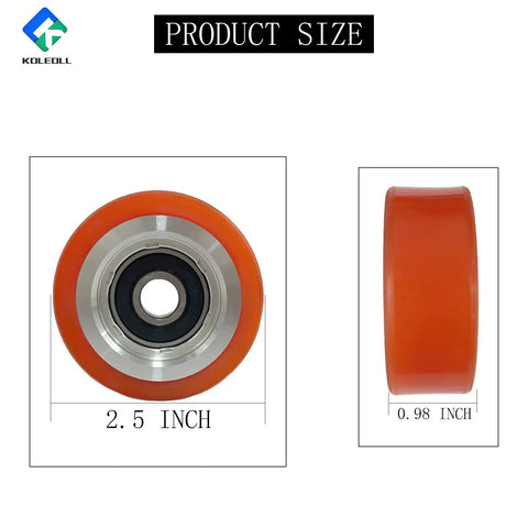 4 Pack Dryer Drum Support Rollers Replacement Kit For 70298701P 70298701 70568201 Fits Huebsch Speed Queen IPSO Tumble Dryers Durable Bearings Easy Install, showing orange roller dimensions, 2.5 inch diameter, 0.98 inch width.