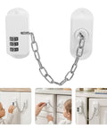 Kidproof Fridge Lock With Adjustable Password Code, no drilling adhesive mount shown on cabinets in home setting with child safety.