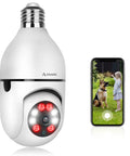 2K 3MP Light Bulb Security Camera With 360 Degree View, Wireless 2.4GHz WiFi Surveillance, shown beside a smartphone app for monitoring