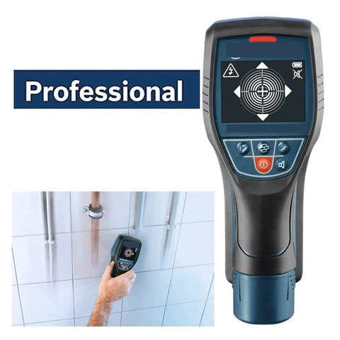 Heavy Duty Digital Wall Scanner Finds Studs Pipes And Cables With No Sweat Dual Battery Center Detection Tool in use on tiled wall.