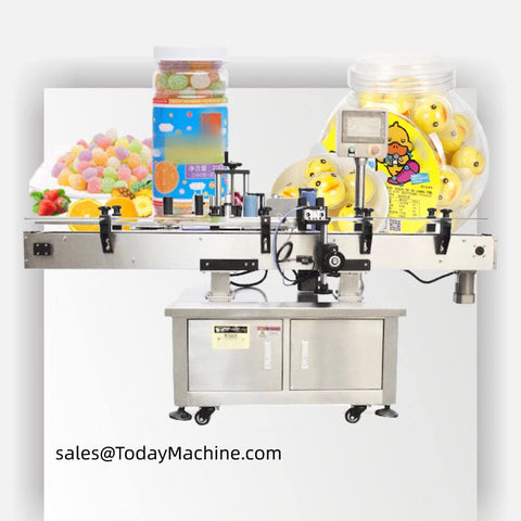 Slick Automatic Top And Flat Labeling Machine For Cards And Everyday Merchandise With Plug And Play Industrial Packaging Setup on a table.