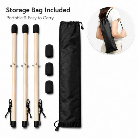 Adjustable Solid Wood Handpan Drum Stand With Carry Bag And Three Replacement Foam Pads For 10 To 22 Inch Steel Tongue Hang and Panda Drums accessories including foam pads and carry bag.