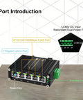 5 Port Gigabit Ethernet Switch with Smart Web Management and QoS VLAN support, 12-48V wide voltage input on a table showing ports.