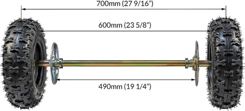 Dope 29 Inch Go Kart Rear Live Axle Kit With 13x5.00-6 Tubeless Wheels And Tires, shown with dimensional measurements.