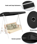 Replacement Canopy For 3 Seater Patio Swing Waterproof Outdoor Top Cover 210D Oxford Cloth Dustproof Rainproof Black 75.2L 47W 7 To 9H with features including hook and loop fasteners, fovea hole, and corner pocket details shown.