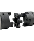 Heavy Duty Flexible L Jaw Coupling Three Piece Set Featuring Durable Rubber Spider And Black Cast Iron Halves For Half Inch To Seven Eighths Bore Sizes On Wood Log Splitters, showing two iron halves and a rubber spider.