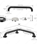 Heavy Duty Black Stainless Steel Shower Grab Bars 2 Pack With L Shaped And Straight Hands Built Different For Accessible Bathrooms Crushes Slip Hazards Rock Solid Grip Supports Up To 500 Pounds Easy Mount detailed dimensions and components.
